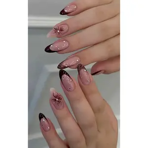 Burgundy French Tip Nails with Floral Design | Elegant Almond Nail Ideas 2026 | Floral Press On Nails