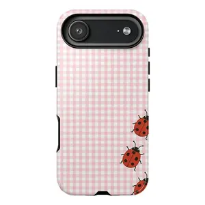 Pink Gingham Ladybug Phone Case - Cute Aesthetic Coquette Insect Pattern Cover For iPhone 17 Pro Max 16 Plus 15 14 13 12 11 Air & Samsung Galaxy S25 S24 S23 S22 S21 Ultra | Trendy Gift for Her