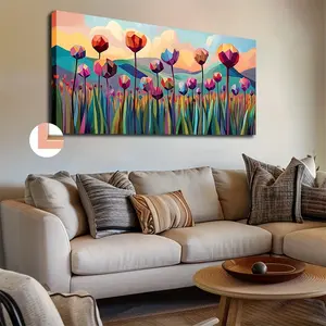 Large Frame Canvas Wall Art Vibrant Tulip Landscape with Mountains Modern Decor for Living Room Office Hotel Cafe Indoor Wall Decoration Solid Wood Frame Ornaments Photo