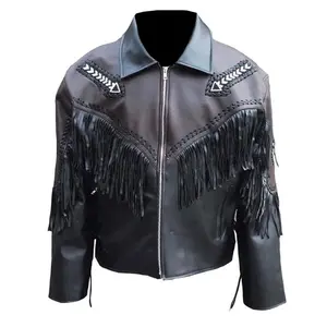 Men's Black Leather Fringe Jacket with Arrow Beadwork
