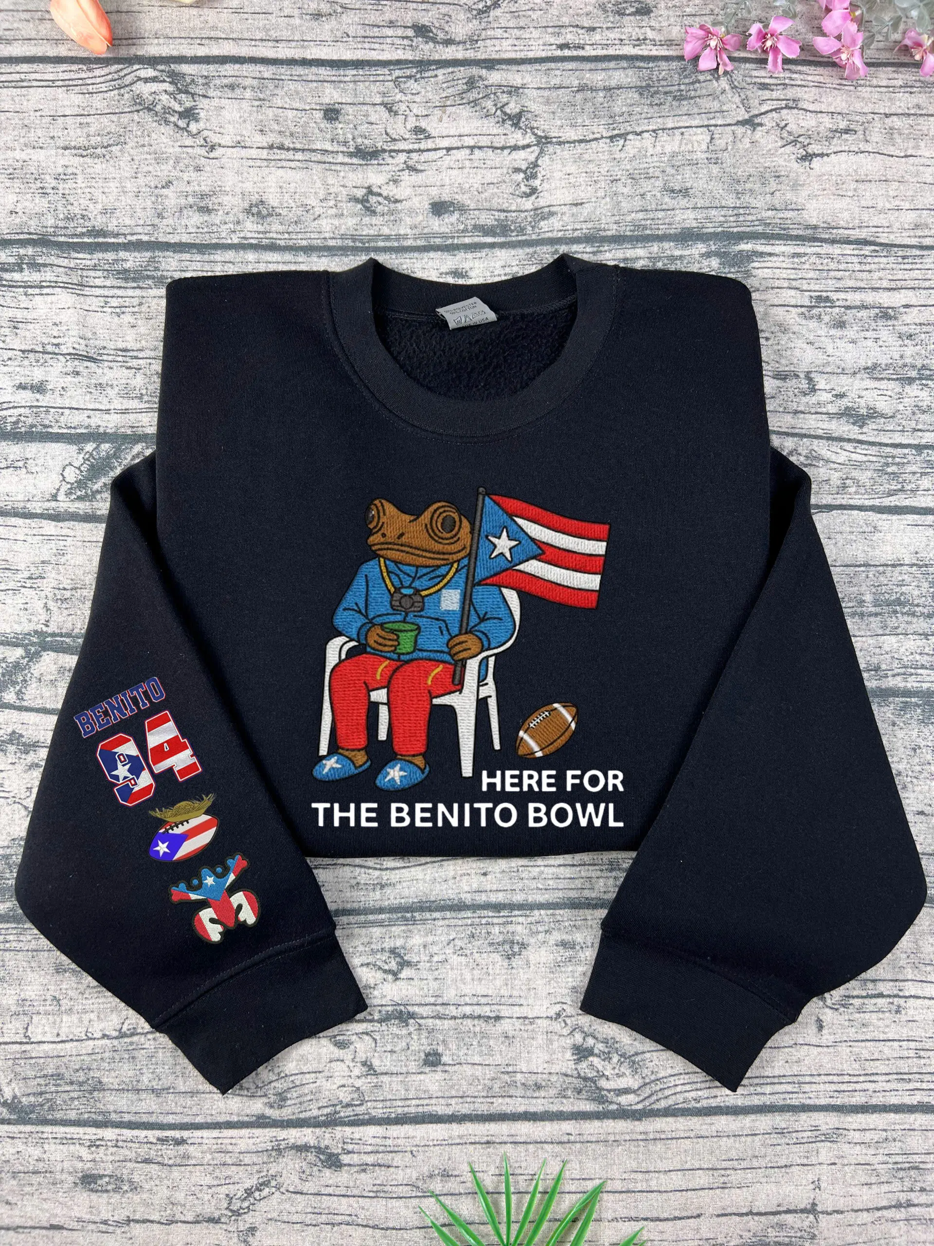 Here for the Frog Benito Bowl Embroidered Sweatshirt, Funny football game day sweatshirt, Team Benito 94 LX embroidered hoodie