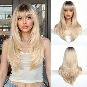 24 Inch Ombre Blonde with Golden Highlights Long Loose Wave Wig with Curtain Bangs for Women Glueless Natural Hairline Synthetic Hair Heat Resistant Daily Party Wear