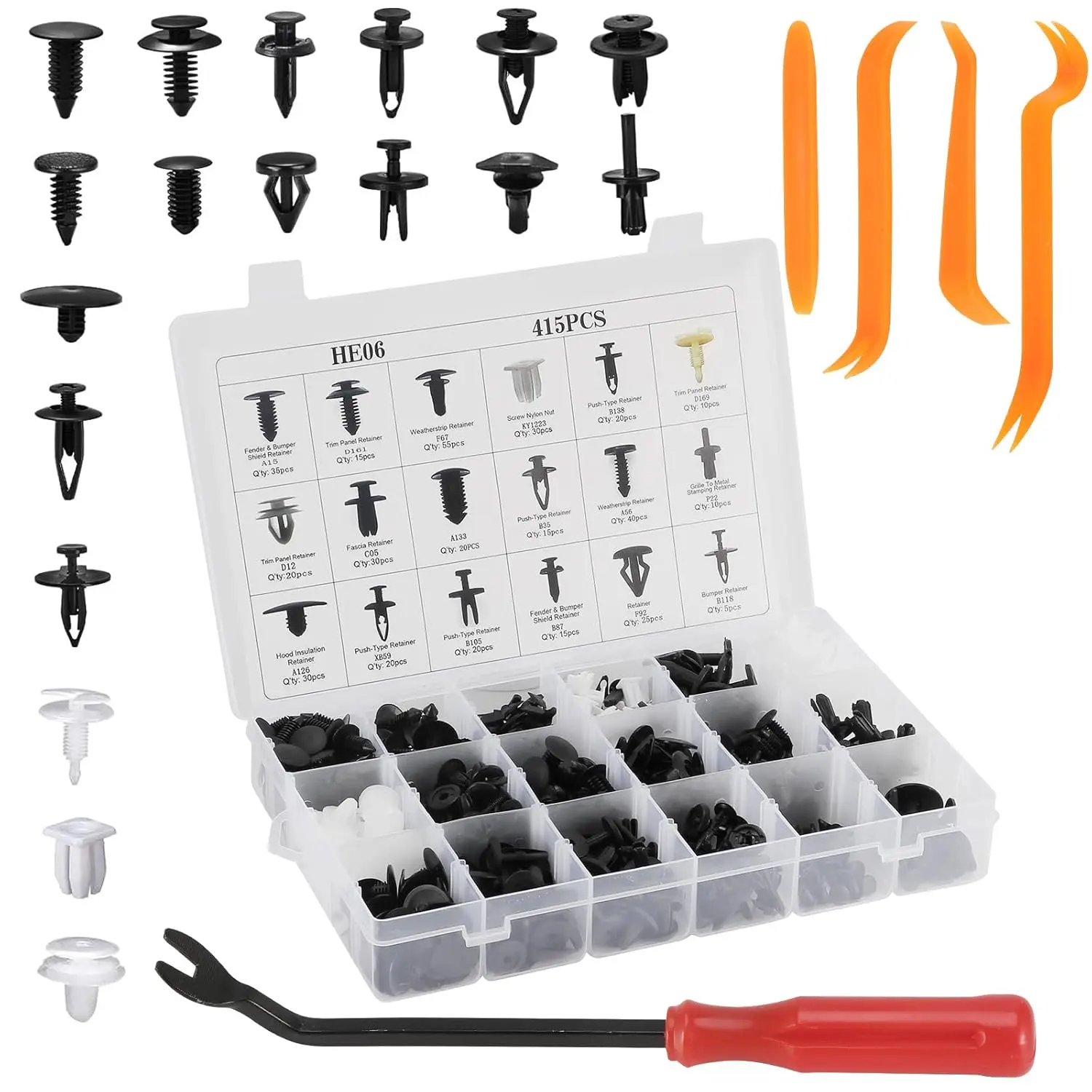 415Pcs Car Retainer Clips & Fasteners Kit – 18 Universal Sizes Nylon Bumper, Fender Rivets, Door Panel Clips, and Plastic Rivets with Removal Tool