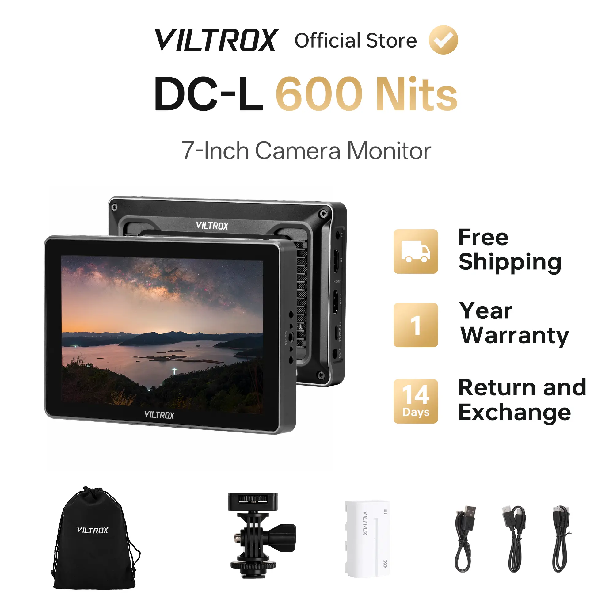 Viltrox DC-L 7-inch High-Quality Frame Camera Monitor Accessory, 10V DC In, 600 Nits Brightness, Full-Screen Touchscreen, De-Squeeze Function, Detachable Sun Hood, USB/C Port, Waveform, False Color, Peaking, Quick-Release, for Camera Monitoring