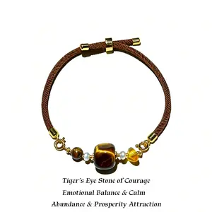 Handmade Square Tiger Eye Pendant Bracelet – Confidence & Protection Natural Gemstone Bracelet, Grounding Energy, Focus & Success Jewelry, Adjustable Cord Manifestation Bracelet for Women & Men