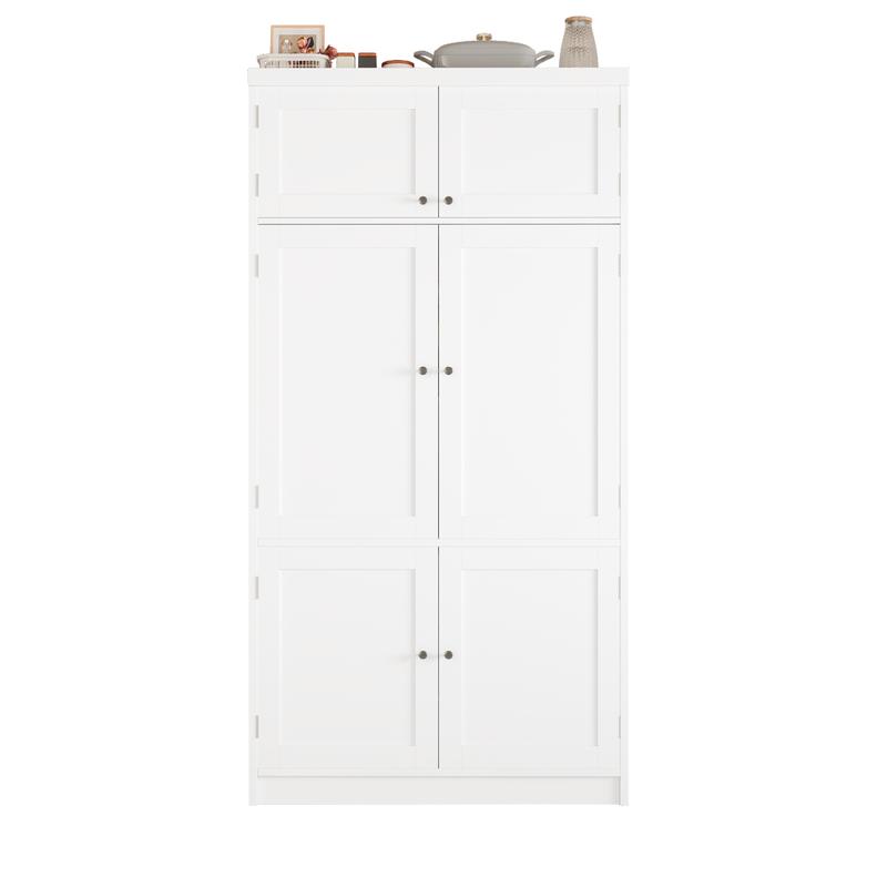80" Tall Kitchen Pantry Cabinet with 2 Power Outlets, 41" W Modern Large Freestanding Cupboard with Microwave Stand, Drawers, Adjustable Shelves, Wine Racks & Door-Shelf for Dinner Room, White
