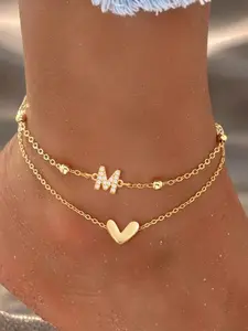 Women's Stainless Steel Tarnish Free Anklet Set, Zirconia Initial Heart Design, Letter Pattern Multi-Layered Casual Foot Jewelry, Fashionable Accessory for All Seasons