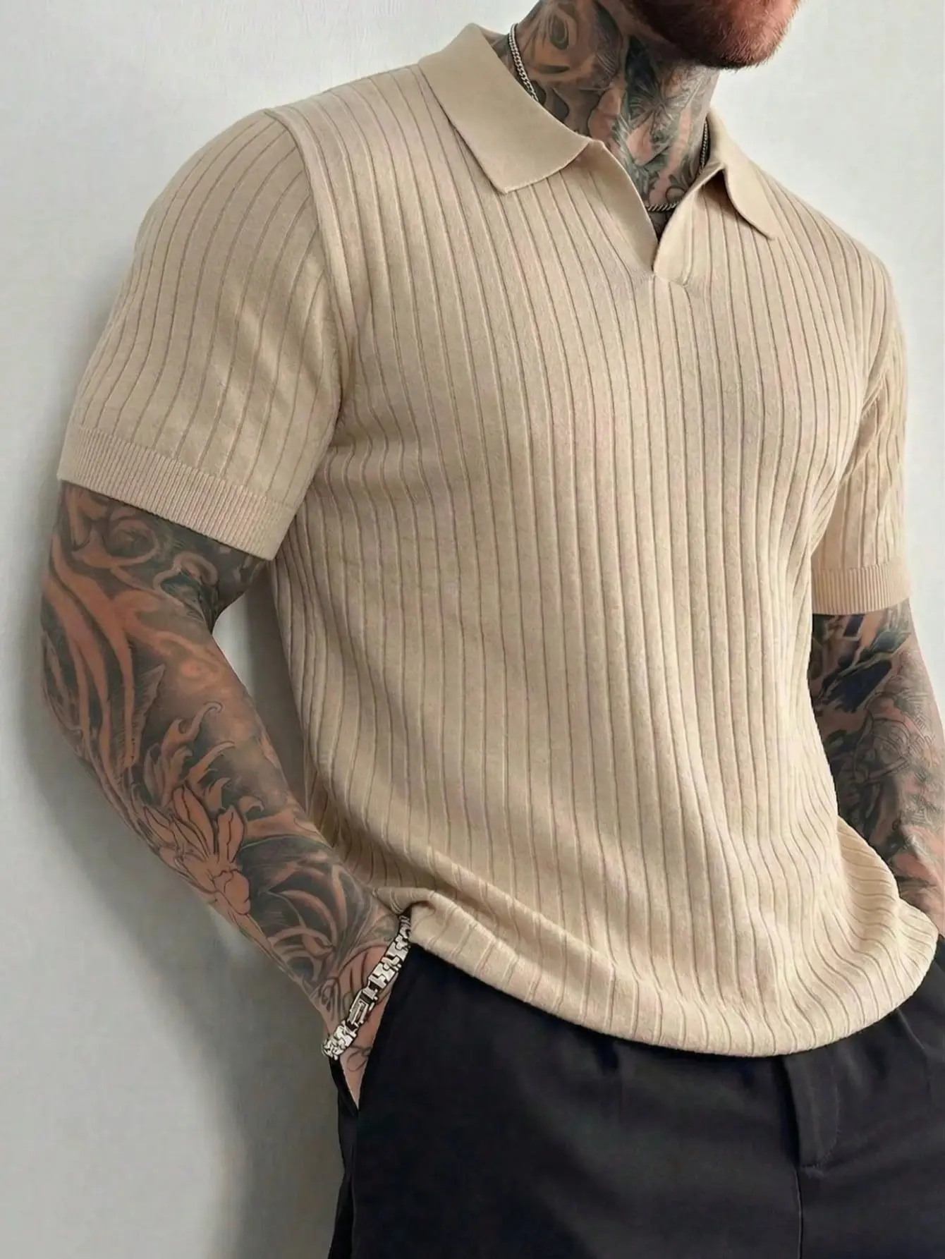 Men's Ribbed Airplane Collar Polo Knit Shirt, Short Sleeve, Summer Fashion, Smart Casual