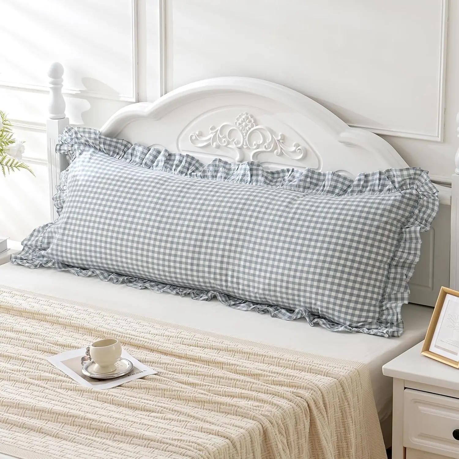 Blue White Plaid Ruffled Body Pillow Sham Washed Cotton Shabby Checkered Gingham Pillow Cover 20"x54"