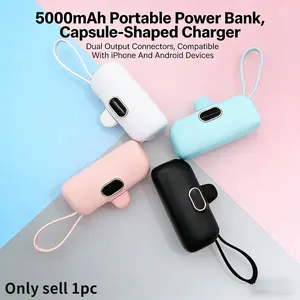 Mini portable power bank, SYJSHUANGXI, Compact, 10W output, integrated output cable (can also be used as a lanyard), 5000mAh, compatible with iPhone and Android phones, 3.191.961.14 inches