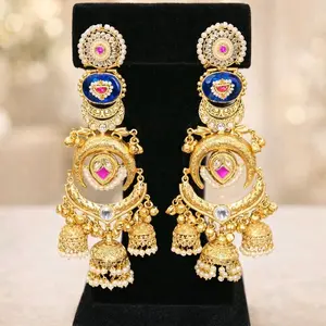 Premium Pachi Kundan Kashmiri Style Earrings with 3 Jhumka - Elegant Traditional Jewelry for Women