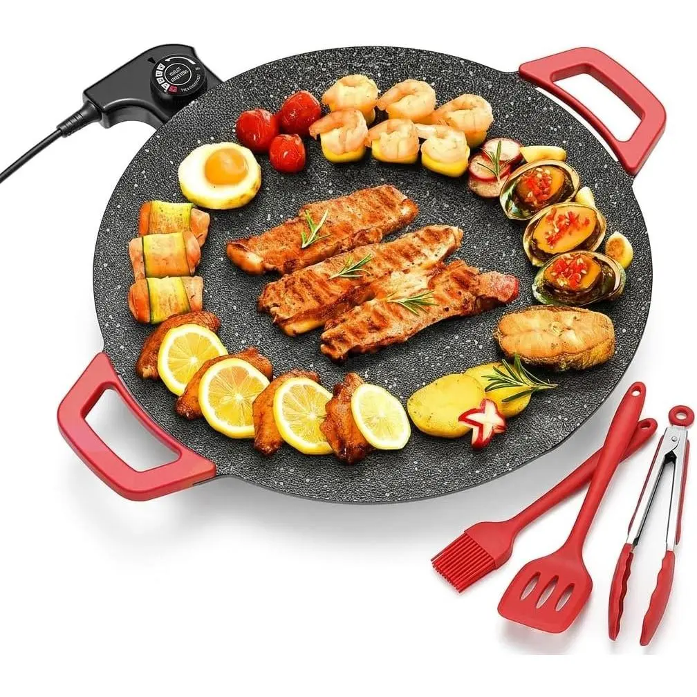 Indoor Grill Electric Smokeless Set – Nonstick Electric Griddle for Indoor Use, Compact & Versatile Cooking for Steaks, Pancakes & BBQ, Includes Silicone Spatula, Oil Brush & Food Tongs