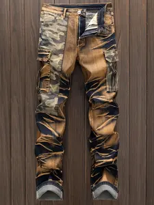 European & American Fashion Trendy Color-Block Camouflage Tie-Dye Straight-Leg Distressed Jeans