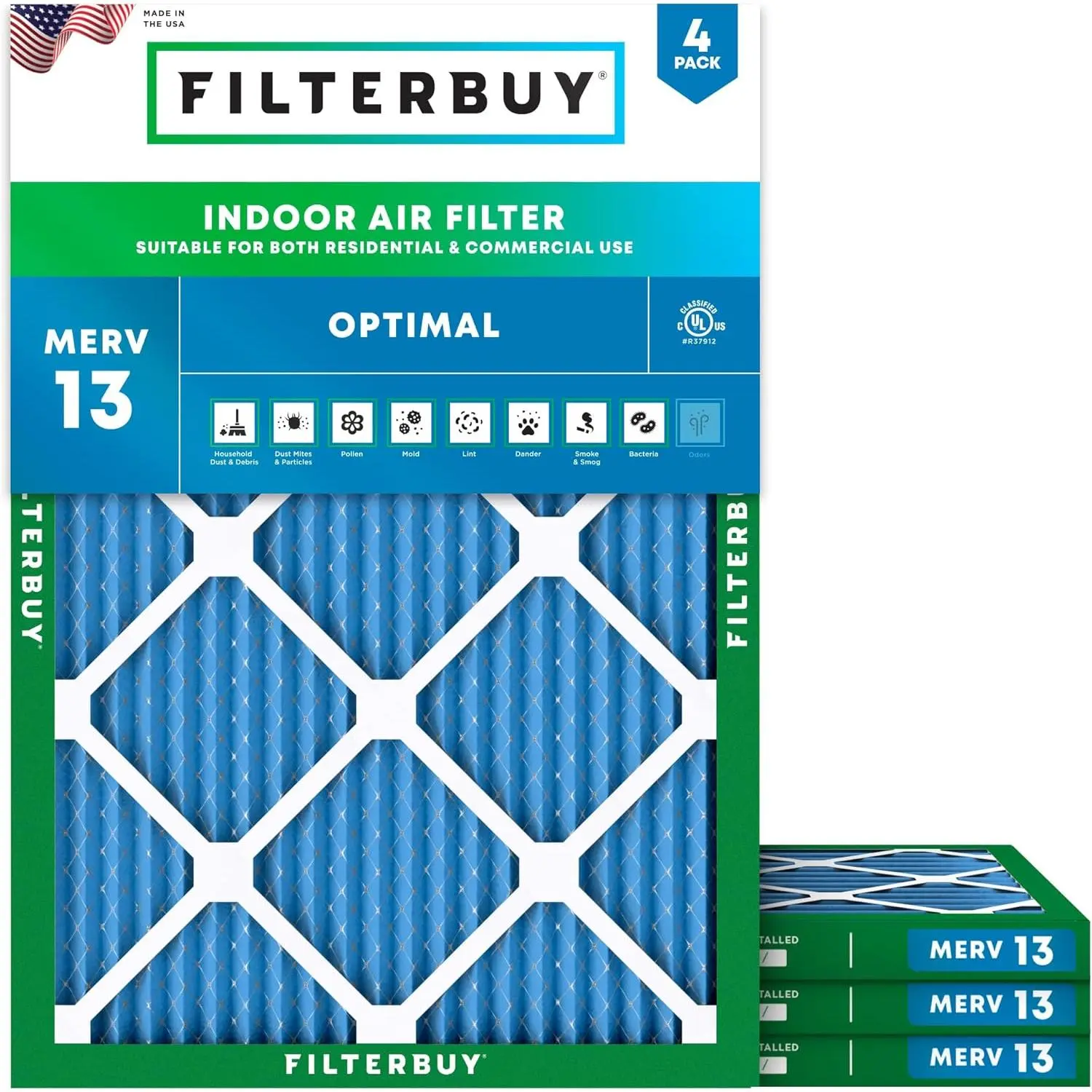 New Filterbuy Household Eco-Friendly Electrostatically Charged HVAC AC Furnace Air Filter (4-Pack), 14.5x19x1 In (Actual Size: 14.50x19.00x1.00 In), Pleated MERV 13 Optimal Defense, Endures Temperatures Up to 200°F