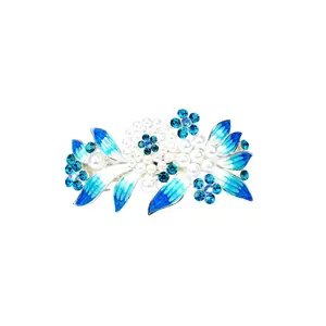 Barrette with colored rhinestones and white pearls - Blue