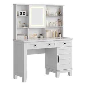 Heavy Duty Wood Dressing Table, 42 Inch Farmhouse Vanity Set, Lighted Mirror with Glass Top, Power Outlet and Charging Station, Upholstered Stool, Large Drawers and Shelves, Space Saving