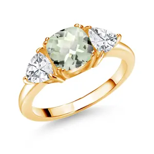 Gem Stone King 18K Yellow Gold Plated Silver Gemstone Birthstone 3-Stone Engagement Ring for Women | 7MM Cushion and 5MM Trillion Accents | Three Stone Promise Anniversary Wedding Ring | Sizes 5-9