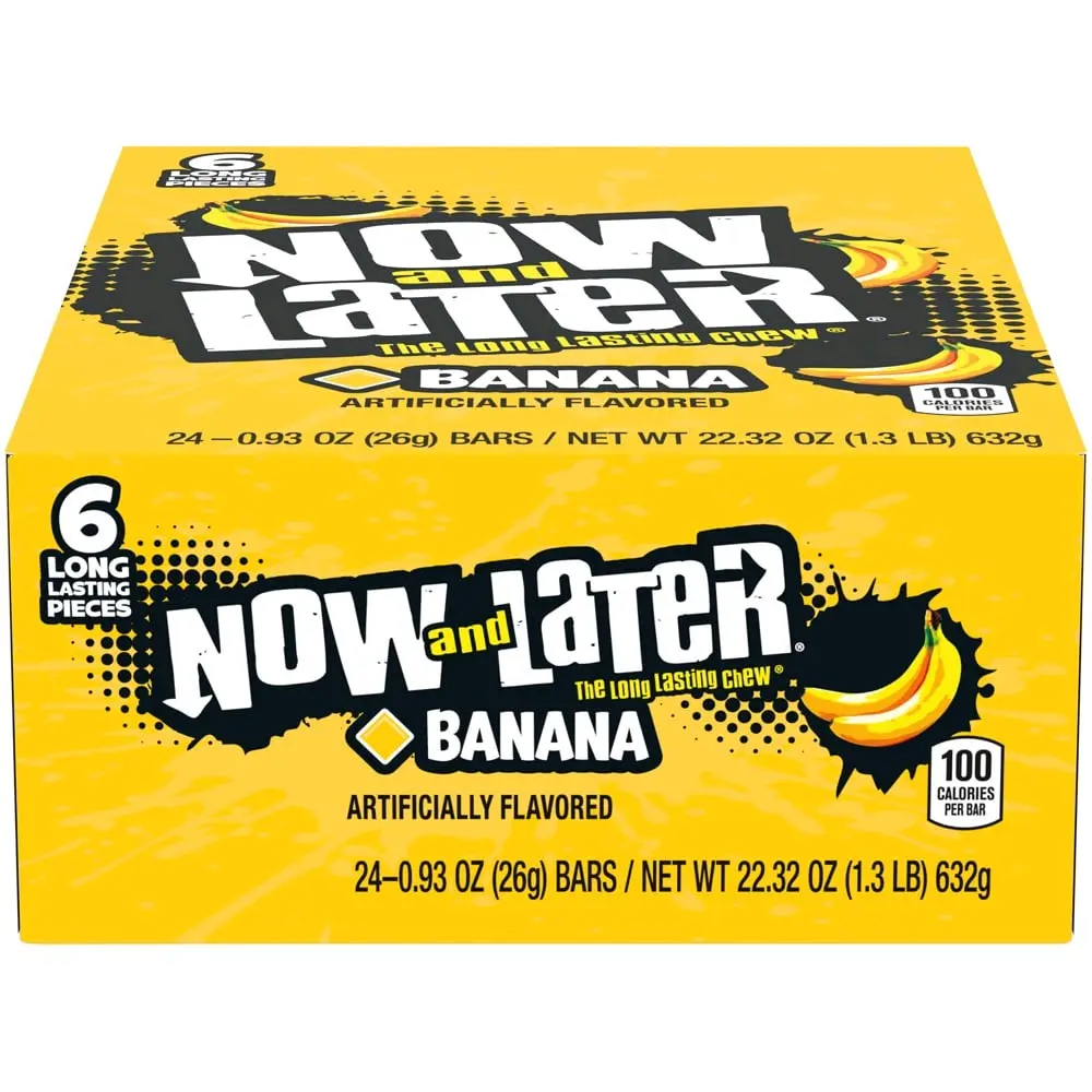 Now and Later Original Banana Flavor Chews Candy - 24 Count 0.93oz Bars, Chewy American Sweet Snack, Traditional Bonbon, Planet Gummies Tuna Refill Pouch, Low Sodium Snacks