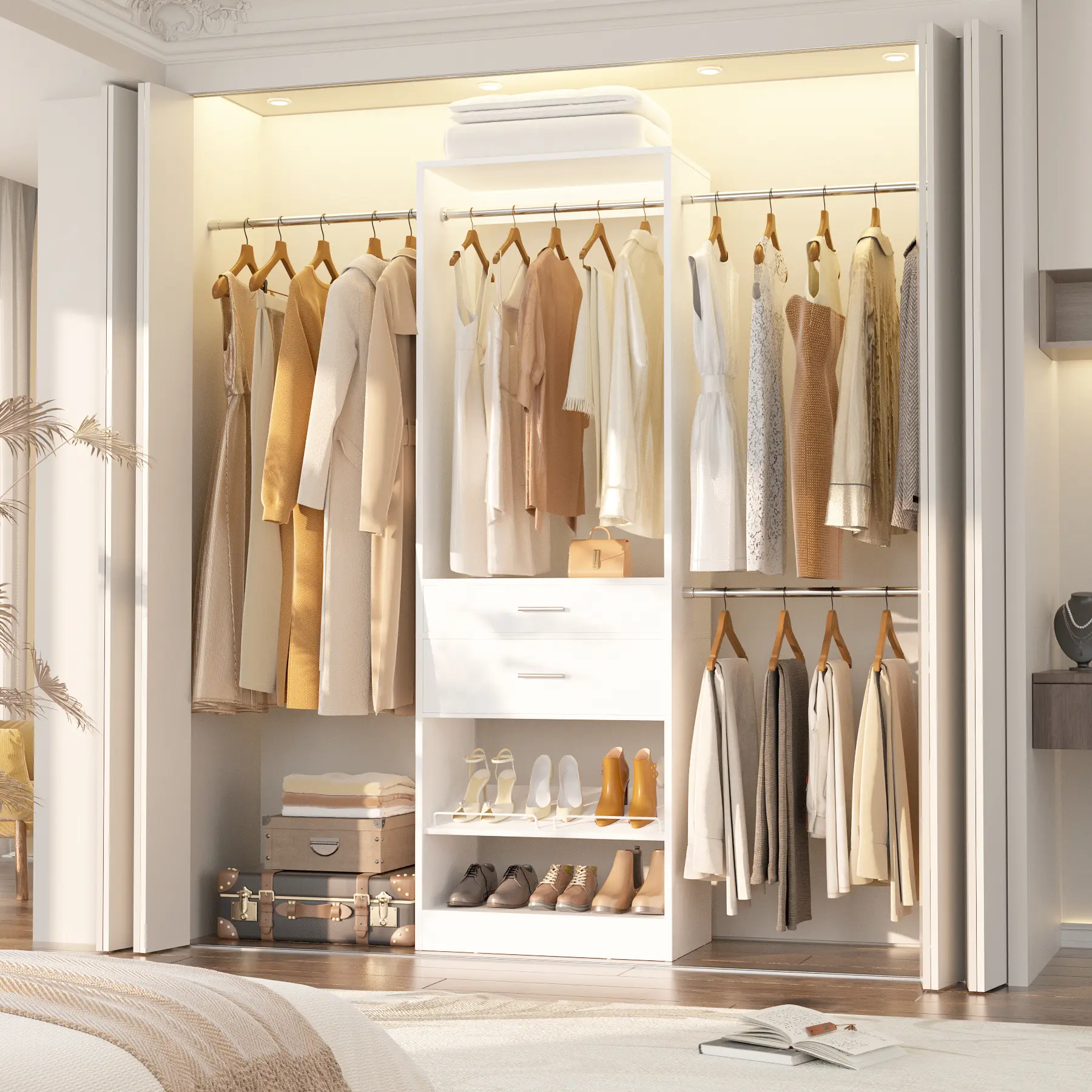 Cyclysio Modern Freestanding Walk-in Closet Organizer System - Furniture with 25"-96"W Expandable Design, 3 Hanging Rods, 2 Wooden Drawers for Home Organization Storage & Closet Organizer Dividers Wardrobes