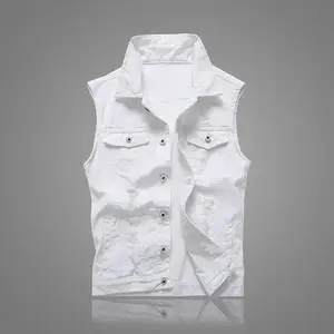 Summer Mens Ripped Denim Vest Male Tank Top Washed Jeans Waistcoat Man Retro Cowboy Hip Hop White Sleeveless Jacket(Sheets)