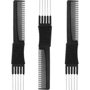 Women's 3-Pack Black Carbon Lift Teasing Combs with Metal Prongs, Styling Hair Pick Accessory (Barrettes Compatible)
