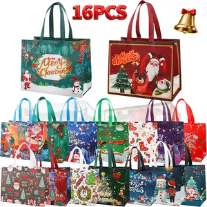 Christmas Gift reusable Bags 16-Count Value Pack - 16 Vibrant Designs on Premium Non-woven Material for Festive Gifting assort pattern tote water-resistant market trip heavy-duty storage tote foldable shopping