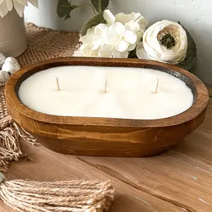 Farmhouse 3 Wick Dough Bowl Candle - Refillable Handmade Wood Bowl - Long Lasting Clean Fragrance - Centerpiece, Cozy