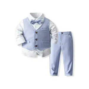 Baby Boy Gentleman Style Three-Piece Set Polka Dot Shirt + Vest + Long Pants with Bow Tie Photography Birthday Party Formal Wear Soft and Comfortable Suitable for Outdoor Infant Toddler Outfit