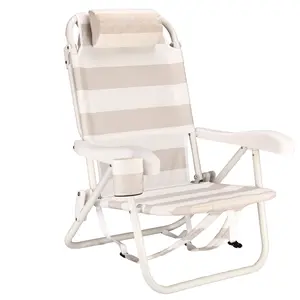 Thick Stripe Reclining Backpack Beach Chair Taupe