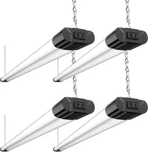 4 Pack Linkable LED Utility Shop Light, 4400 LM, Super Bright 6500K Cool Daylight, 4 FT Integrated Fixture for Garage, 40W Equivalent 250W, Surface + Suspension Mount, Black