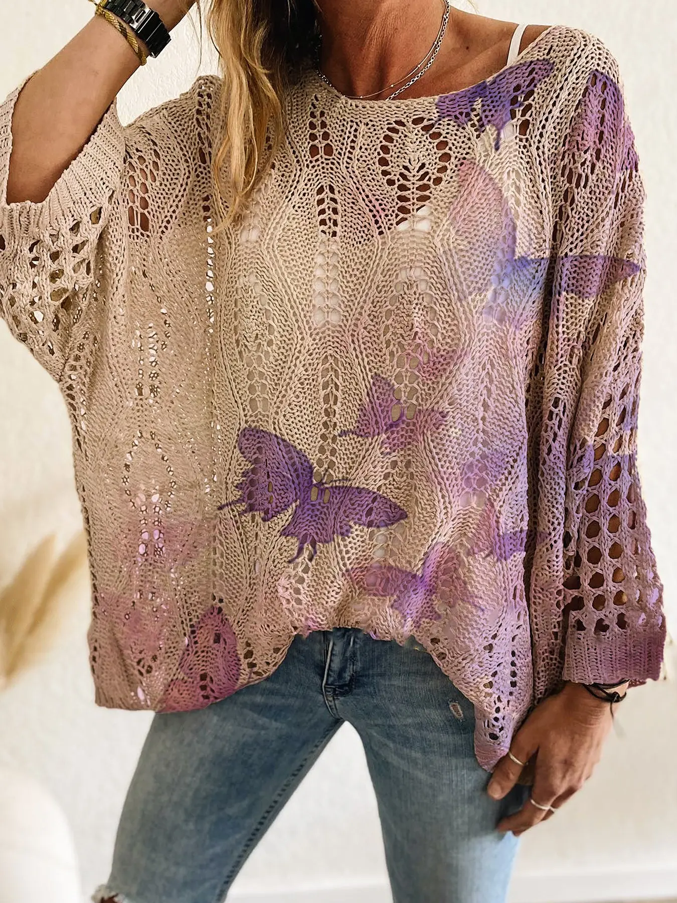 Women's Colorblock Gradient Butterfly Knit Top, Knitwear, Fitted Long Sleeve Design, Casual & Elegant Style, Perfect for Spring/summer Wear, Holiday
