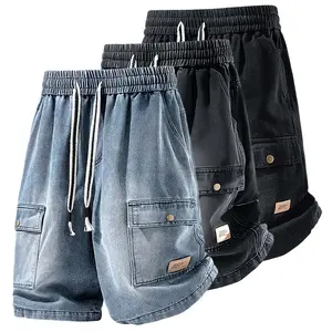 Men’s washed denim cargo shorts with elastic waistband and drawstring, large pockets, metal buckle accents; loose straight fit for summer, versatile casual shorts at mid-thigh length. #Summervibes