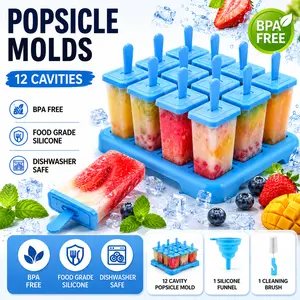 12 Cavities Popsicles Molds, BPA-Free Popsicle Molds with Built-in Popsicle Stick, DIY Popsicle Molds with Cleaning Brush and Funnel
