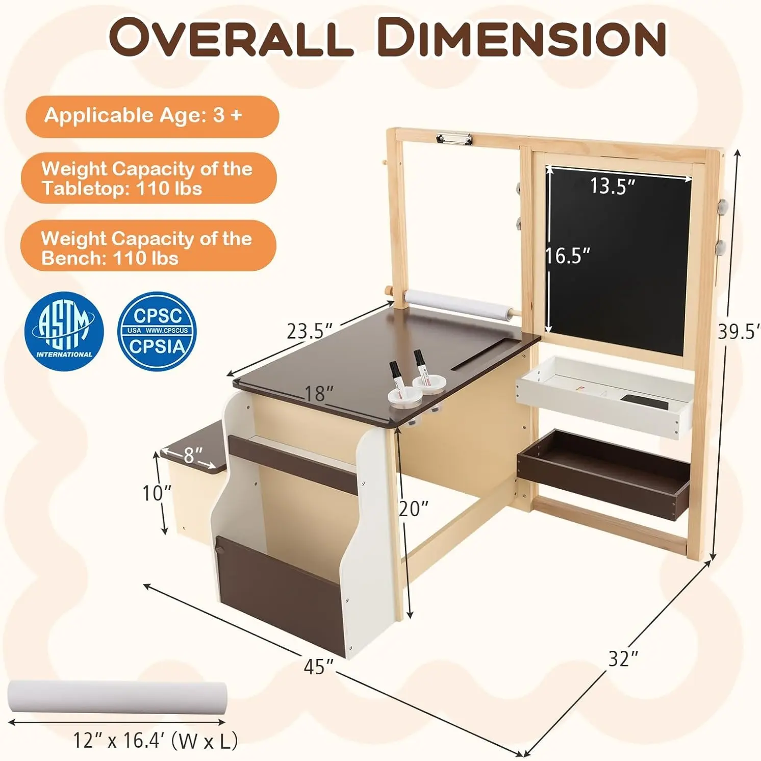 Brown -Art Center w/ Double-Sided Easel & Bookcase