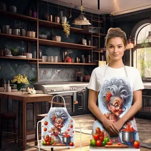 1pc Old Lady Kitchen Pattern Fashion Print Apron, suitable for home use, cooking apron, practical, creative and funny apron for men and women, suitable for holiday party activities, gift for friends, sleeveless baking smock, outdoor picnic apron