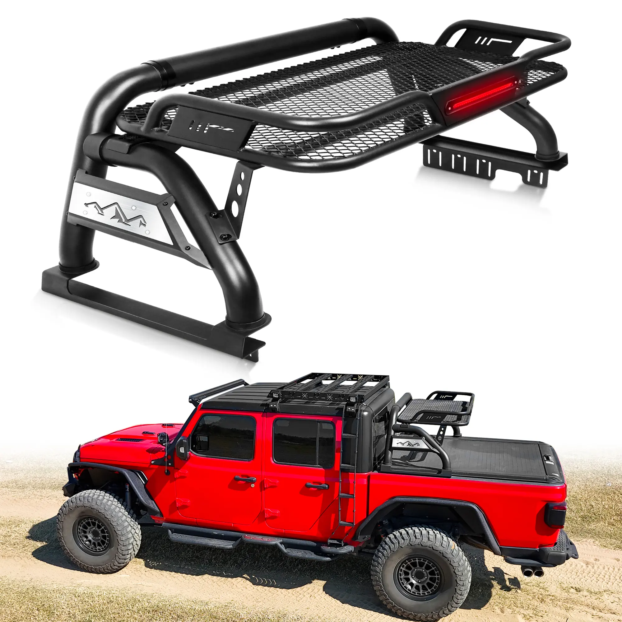 MONOKING Heavy-Duty Mid-Size Truck Bed Roll Bar with Cargo Basket, Bolt-On Adjustable Design, Carbon Black, Third Brake Light for 2007-2026 Tacoma, Gladiator, Colorado, Ranger, Canyon, Frontier, Dakota, Secure Install, Monoking Chase Rack