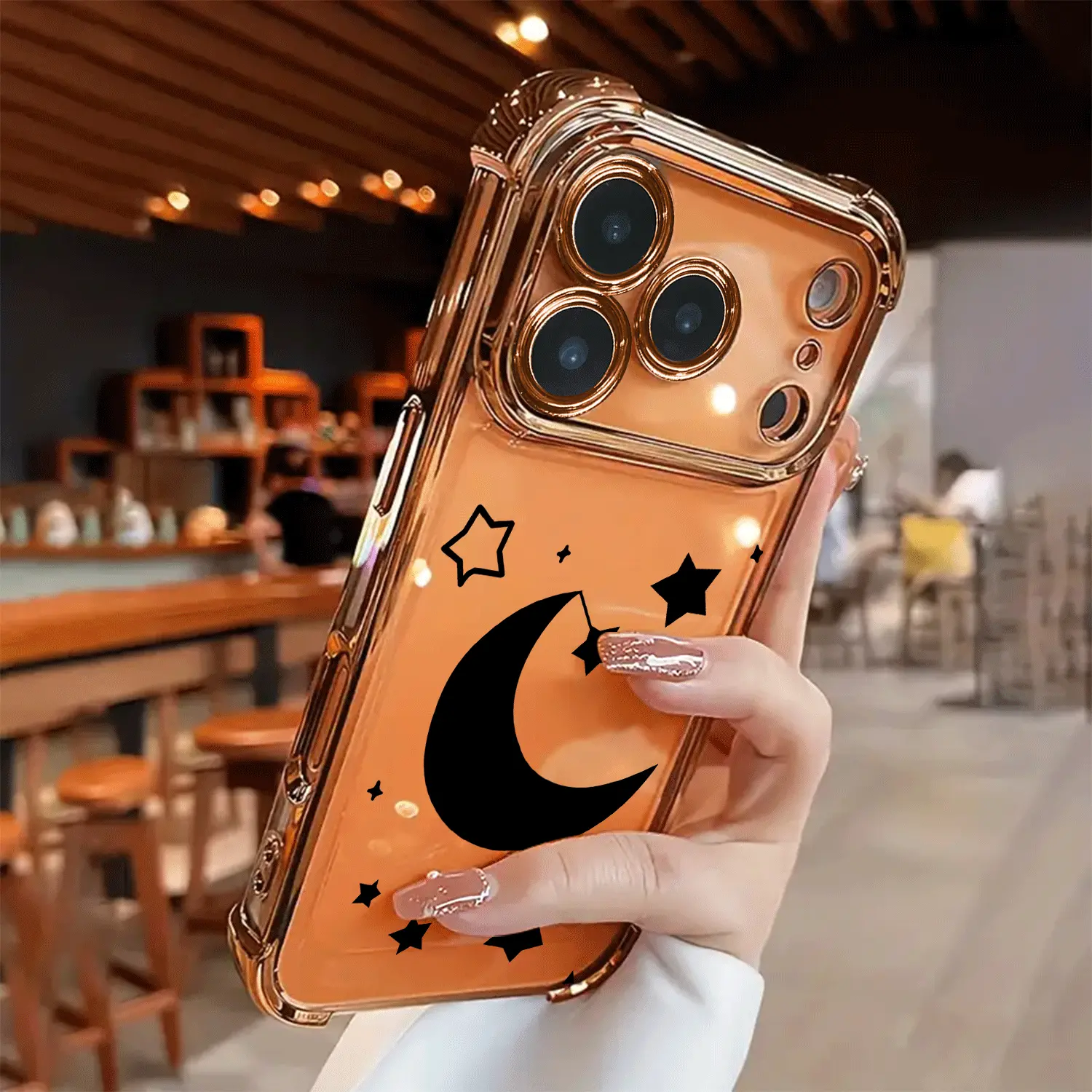 Electroplated Transparent TPU Airbag Shockproof Smartphone Cover - Black Moon Design, Simple Fashion Soft Casing for Gold Devices, Multi-Model Protection Accessory for iPhone 17 Pro Max,16,15,14,13,12,11