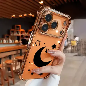 A new electroplated transparent TPU airbag shock-proof phone case with a black moon pattern is suitable for iPhone 17 Pro Max 16, 15, 14, 13, 12, 11. It is a simple and fashionable shock-proof soft case for protection, a personalized and creative protecti