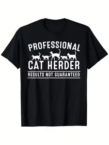 Funny Cat Herder T-Shirt for Men & Women - Professional Slogan & Multi-Cat Silhouette Design, Casual Round Neck Tee Suitable for Crazy Kitty Lovers, Cat Owner Gift, All-Season Fit (Black White) with Plus-Size Options for Summer Essentials, PLUS SIZE