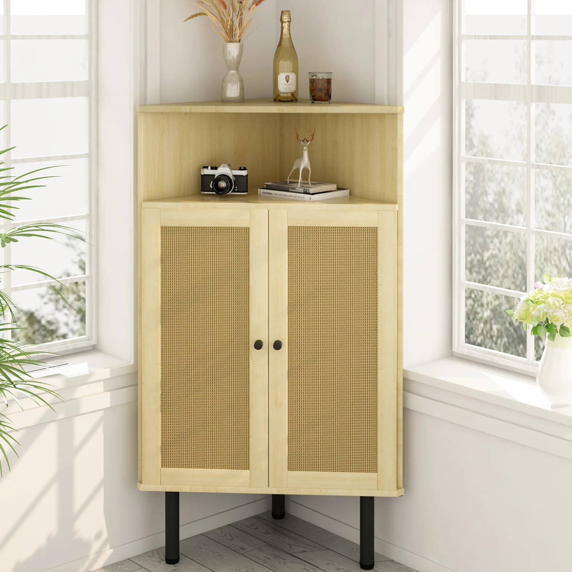 AWQM 4-Tier Corner Cabinet with Doors & Shelves, Rattan Freestanding Bar Storage Cabinet, Corner Table for Small Spaces, Living Room, Kitchen, Bathroom, Natural japanese futon mini bar and storage under stairs lazy boy