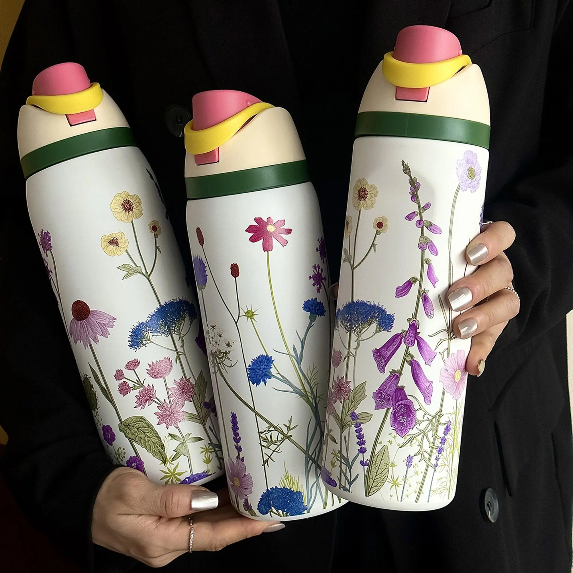 Flower Pattern Vacuum Flask, 1 Count Portable Insulated Water Bottle with Straw, Summer Cool Bottle Drinking Cup for Home Office School Outdoor Campin