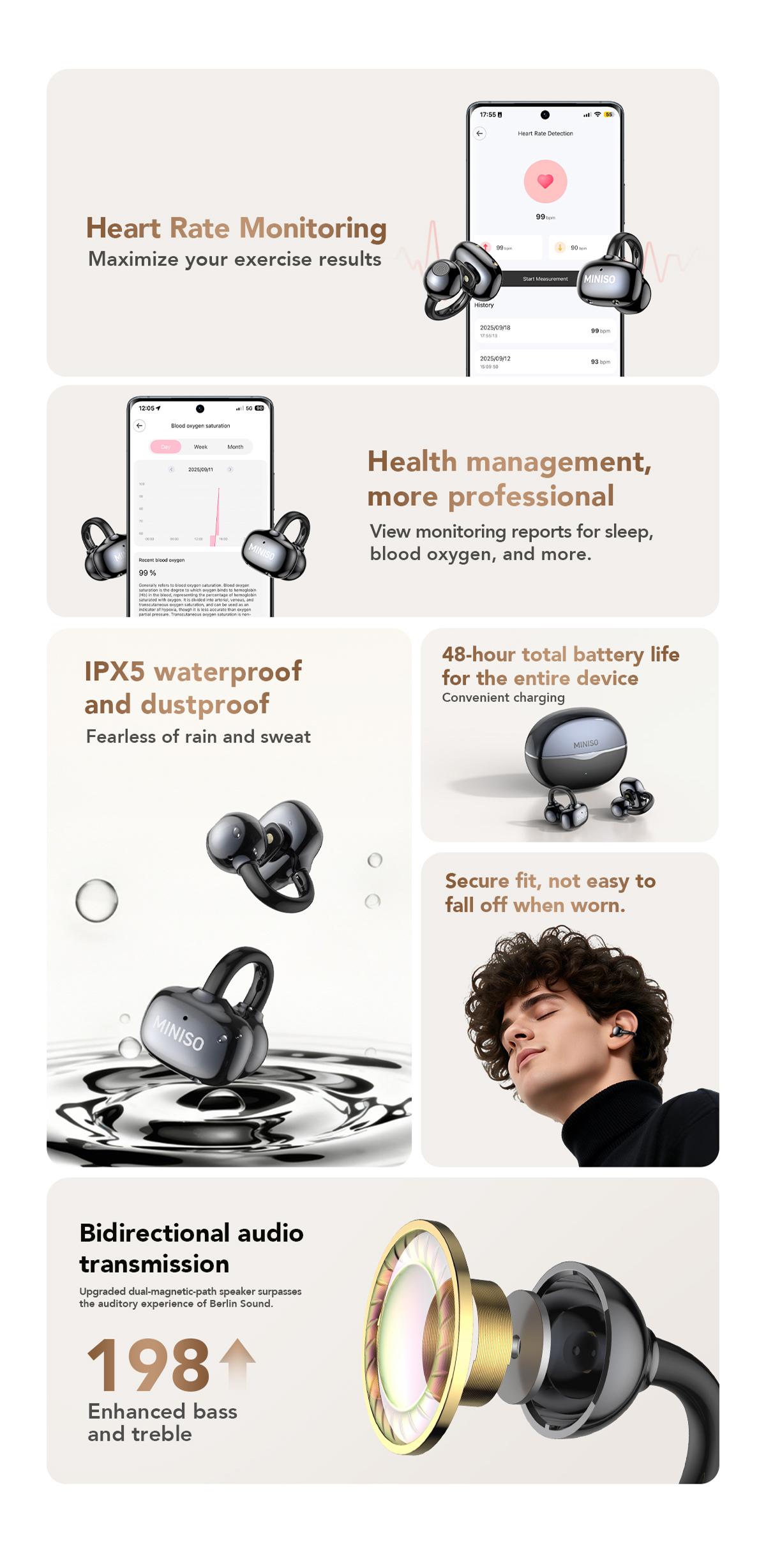 MINISO Clip On Earbuds Wireless Headphones with Bluetooth 6.0 Earphones, Stable Connection & Low Power Use, DT6.0 Pulse Directional Tech, 360° ACS Panoramic Sound, IPX5 Waterproof Audio Earbuds for Music & Calls, Comfortable for Sports