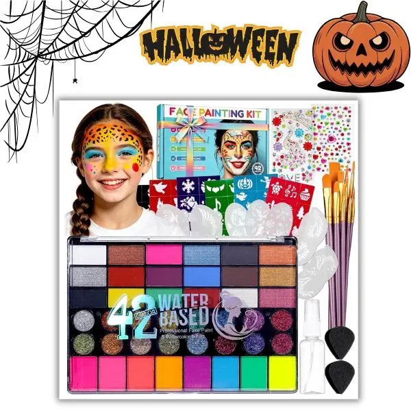 Halloween Face Painting Kit for Kids & Adults 42 Shades Water Activated Face Paint Palette Non-Toxic & Washable Face and Body Paint with Stencils Cosmetic Glitter Face Gems & Brushes for Halloween Birthday Cosplay Carnival Party Makeup