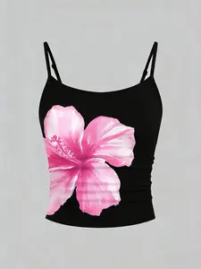 Hawaiian Pink Hibiscus Flower Print Cami Top, Y2K Aesthetic Ruched Spaghetti Strap Crop Top, Summer Streetwear Casual Tank Top for Beach, Vacation, Daily Wear, Party