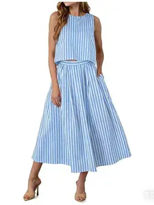 2026 Summer Women's 2 Piece Boho Bohemian, Striped Sleeveless Tank Top, Casual Beach Vacation Set, Stylish Chic and Comfortable Clothing for Women Womenswear
