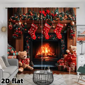2D Flat Christmas Fireplace Scene Printed Curtain Panel, Holiday Red Stockings Pattern, Semi Sunshade Rod Pocket Style, for Living Room Bedroom Kitchen Study Window Decoration, Winter Festival Decoration Gift , Privacy Protection, Home Decoration Curtain