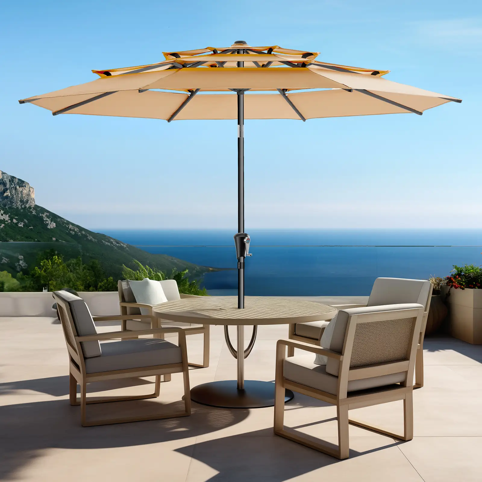 【On Sale】HOMSHADE 9FT 3-Tiers Outdoor Patio Umbrella with 5-Year Fade Resistant,Vented Outdoor Commercial Market Umbrella with UPF50+ UV Protection &