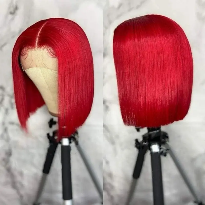 13x4 Lace Frontal Human Hair Hot Red Colored Wigs for Women Straight Red Bob Wigs 180 Density Transparent Lace Frontal Human Hair Wigs