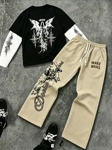 Men's American Style Dark Angel Two-Piece Set, Long Sleeve T-Shirt & Printed Sweatpants, Contrast Top, Pants, Comfortable