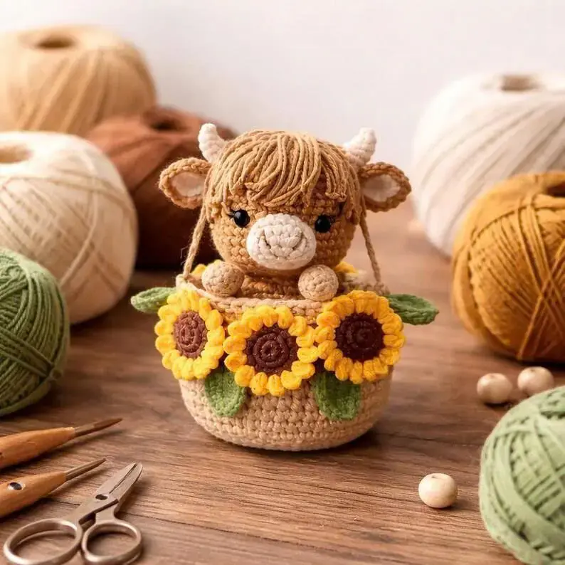 Handmade Crochet Highland Cow Hanging Basket | Sunflower Amigurumi Plant Hanger | Cute Boho Home Decor | Gift for Cow Lovers